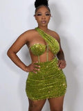 New Female Sequins Rave Outfits Hollow Out One Shoulder Mini Velvet Dress With Padded Lady Bodycon Glitter Green Dress