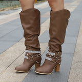 New Women High Boots Punk Rivet Buckle Square Mid Heel Knee-High Boots Pu Leather Pointed Toe Female Solid Tall Shoes Botas