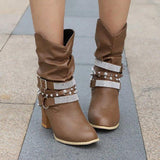 New Women High Boots Punk Rivet Buckle Square Mid Heel Knee-High Boots Pu Leather Pointed Toe Female Solid Tall Shoes Botas
