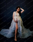 Newest Hi Low Gradient Colorful Tulle Dresses Front Open Tiered Ruffled Sleeves Long Maternity Robes With Train For Photography