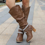 New Women High Boots Punk Rivet Buckle Square Mid Heel Knee-High Boots Pu Leather Pointed Toe Female Solid Tall Shoes Botas