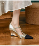 New Women's pumps Natural Leather 22-25cm Cowhide upper Wedge heel pointed toe stitching shoes Mary Jane shoes full leather
