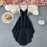 Summer Black/White Irregular Spaghetti Strap Long Dress Women Sexy Strapless High Waist Ruffle Open Back Vestidos New Robe