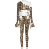 goosudu Long Sleeve Leopard Print Bandage Hollow Out Tshirt Leggings 2 Pieces Set Autumn Winter Women Sexy Tracksuit