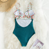 goosudu Mini Hibiscus and Solid Blue One-Piece Swimsuit Sexy Cut Out Bowknot Women Monokini Girl Beach Bathing Suit Swimwear