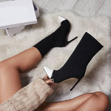 woloong New Women Sock Boots Pointed Toe Elastic High Boots Slip On High Heel Ankle Boots Women Pumps Stiletto Botas