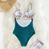 goosudu Mini Hibiscus and Solid Blue One-Piece Swimsuit Sexy Cut Out Bowknot Women Monokini Girl Beach Bathing Suit Swimwear