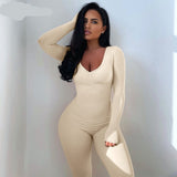 goosudu  Solid Long Sleeve V Neck Bodycon Draped Sexy Jumpsuit Summer Autumn Women Fashion Streetwear Party Club Outfits