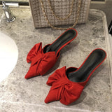 woloong New Spring Slippers Women's Korean-Style Pointed Polka Dot Bow Stiletto Mid-Heel Low Heel Slippers Polka Dot Half Slippers