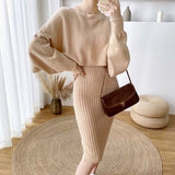 New Fall/Winter Bat Sleeve O-Neck Soft Sweater  + Women&#39;s Knitted Vest Long Dress Two-Piece Dress Sets Femme