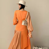 New Fashion Women V-neck Contrast Color Flare Waist Lace Up Orange Long-sleeved Dresses