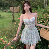 goosudu Sexy Strap Floral Dress Women Designer Korean Elegant Sweet Mini Dress Sleeveless Chiffon Slim Fairy Party Dress Summer New