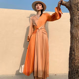 New Fashion Women V-neck Contrast Color Flare Waist Lace Up Orange Long-sleeved Dresses