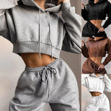 Winter Fleece Hoodies Short Tops and Pants 2 Piece Set Women Tracksuit Sportswear Fashion Casual Streetwear Clothes Outfit