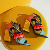 New Designer High Heel Shoes Women Summer Sandals Ruffles Bird Decor Party Heels Bling Rhinestone Chunky Heel Novelty Sandalias