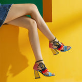 New Designer High Heel Shoes Women Summer Sandals Ruffles Bird Decor Party Heels Bling Rhinestone Chunky Heel Novelty Sandalias