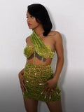 New Female Sequins Rave Outfits Hollow Out One Shoulder Mini Velvet Dress With Padded Lady Bodycon Glitter Green Dress