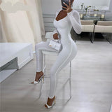 goosudu  Solid Long Sleeve V Neck Bodycon Draped Sexy Jumpsuit Summer Autumn Women Fashion Streetwear Party Club Outfits