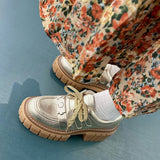 New Fashion Casual Shoes Women Pumps Genuine Leather Footwear Lace Up Gold Silver Punk Square Heel Platform Shoes Women