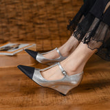 New Women's pumps Natural Leather 22-25cm Cowhide upper Wedge heel pointed toe stitching shoes Mary Jane shoes full leather