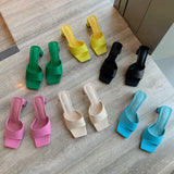 Summer New Women Slipper Fashion Candy Color Ladies Outdoor Beach Slides Square Med Heel Peep Toe Sandal Shoes