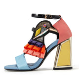New Designer High Heel Shoes Women Summer Sandals Ruffles Bird Decor Party Heels Bling Rhinestone Chunky Heel Novelty Sandalias