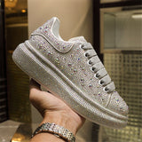 woloong  New Fashion Women Shoes Luxury Sports Shoes Women Designers Leather Shoes Silver Rhinestone Crystal Sneakers Tide