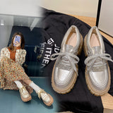 New Fashion Casual Shoes Women Pumps Genuine Leather Footwear Lace Up Gold Silver Punk Square Heel Platform Shoes Women