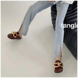 woloong  New Brand Women Slipper Fashion Chain Decor Round Toe Flats Mules Lazy Loafer Women Outdoor Slides Slip On Sandal