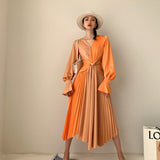 New Fashion Women V-neck Contrast Color Flare Waist Lace Up Orange Long-sleeved Dresses