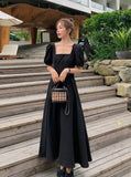 Dress Womens Chic Vintage Black High Waist Square Collar Puff Sleeve Bow A-line Classy Retro Elegant French Female Clothing New