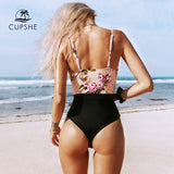 goosudu Pink Floral One-Piece Swimsuit Women High Leg Cut Sexy Monokini Bathing Suits New Girls Beach Bathing Suit Swimwear