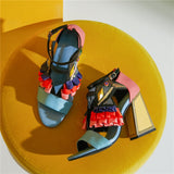 New Designer High Heel Shoes Women Summer Sandals Ruffles Bird Decor Party Heels Bling Rhinestone Chunky Heel Novelty Sandalias