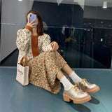 New Fashion Casual Shoes Women Pumps Genuine Leather Footwear Lace Up Gold Silver Punk Square Heel Platform Shoes Women