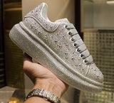 woloong  New Fashion Women Shoes Luxury Sports Shoes Women Designers Leather Shoes Silver Rhinestone Crystal Sneakers Tide