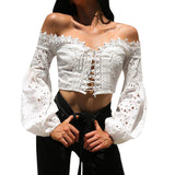 Women Off Shoulder Blouse Ladies Long Sleeve Slash Neck Hollow Lace Loose Shirt Tee Sexy Casual Tops Blusas Femininas Hot New