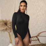 goosudu long sleeve front zipper v neck women sexy body high stretchy basic bodysuit