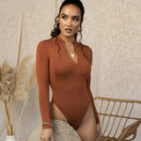 goosudu long sleeve front zipper v neck women sexy body high stretchy basic bodysuit