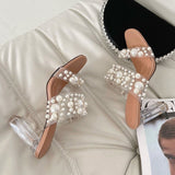 goosudu New Transparent PVC String Bead Shoes Woman Fashion Open Toe Slippers Crystal Perspex Heels Slides Beach Sandale Femme