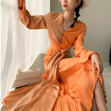 New Fashion Women V-neck Contrast Color Flare Waist Lace Up Orange Long-sleeved Dresses