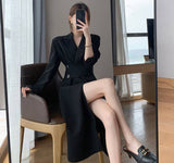 woloong Hot New Design Korean Style High Street Womens Fashion Cute Elegant Office Lady Button Notched Long Split Slit Sexy Blazer Dress