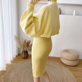 New Fall/Winter Bat Sleeve O-Neck Soft Sweater  + Women&#39;s Knitted Vest Long Dress Two-Piece Dress Sets Femme