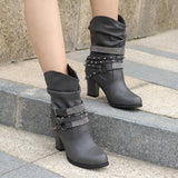 New Women High Boots Punk Rivet Buckle Square Mid Heel Knee-High Boots Pu Leather Pointed Toe Female Solid Tall Shoes Botas