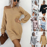 Aieru Women's Autumn and Winter New Knitted Sweater Dresses Casual Off Shoulder Lantern Sleeve Knitted Sweater Skirts Pull Femme 18045