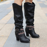 New Women High Boots Punk Rivet Buckle Square Mid Heel Knee-High Boots Pu Leather Pointed Toe Female Solid Tall Shoes Botas