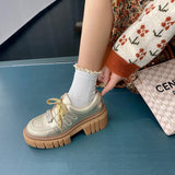 New Fashion Casual Shoes Women Pumps Genuine Leather Footwear Lace Up Gold Silver Punk Square Heel Platform Shoes Women