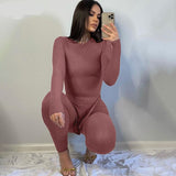 goosudu Long Sleeve O-Neck Skinny Stretchy Solid Print Jumpsuit Summer Women Fashion Streetwear Romper