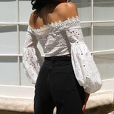 Women Off Shoulder Blouse Ladies Long Sleeve Slash Neck Hollow Lace Loose Shirt Tee Sexy Casual Tops Blusas Femininas Hot New