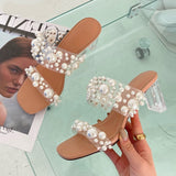 goosudu New Transparent PVC String Bead Shoes Woman Fashion Open Toe Slippers Crystal Perspex Heels Slides Beach Sandale Femme