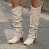 New Women High Boots Punk Rivet Buckle Square Mid Heel Knee-High Boots Pu Leather Pointed Toe Female Solid Tall Shoes Botas